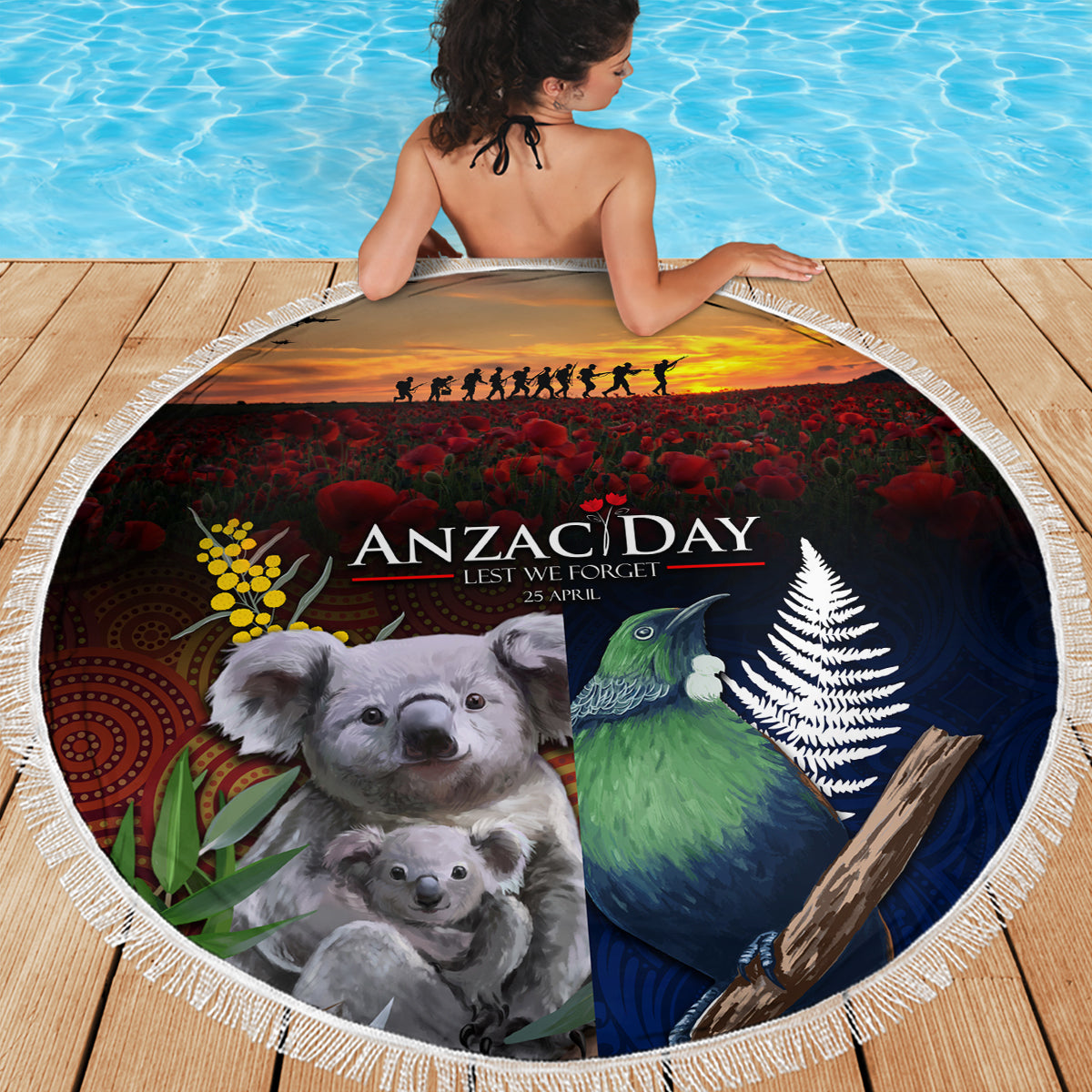 Australia and New Zealand ANZAC Day Beach Blanket Tui Bird and Koala mix Maori and Aboriginal Pattern LT03 - Polynesian Pride