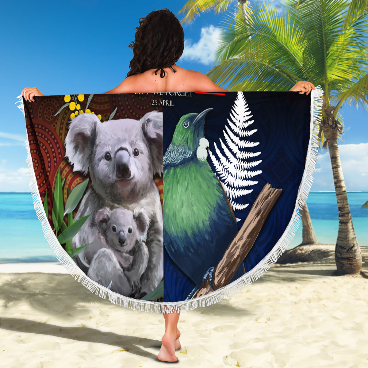 Australia and New Zealand ANZAC Day Beach Blanket Tui Bird and Koala mix Maori and Aboriginal Pattern LT03 - Polynesian Pride