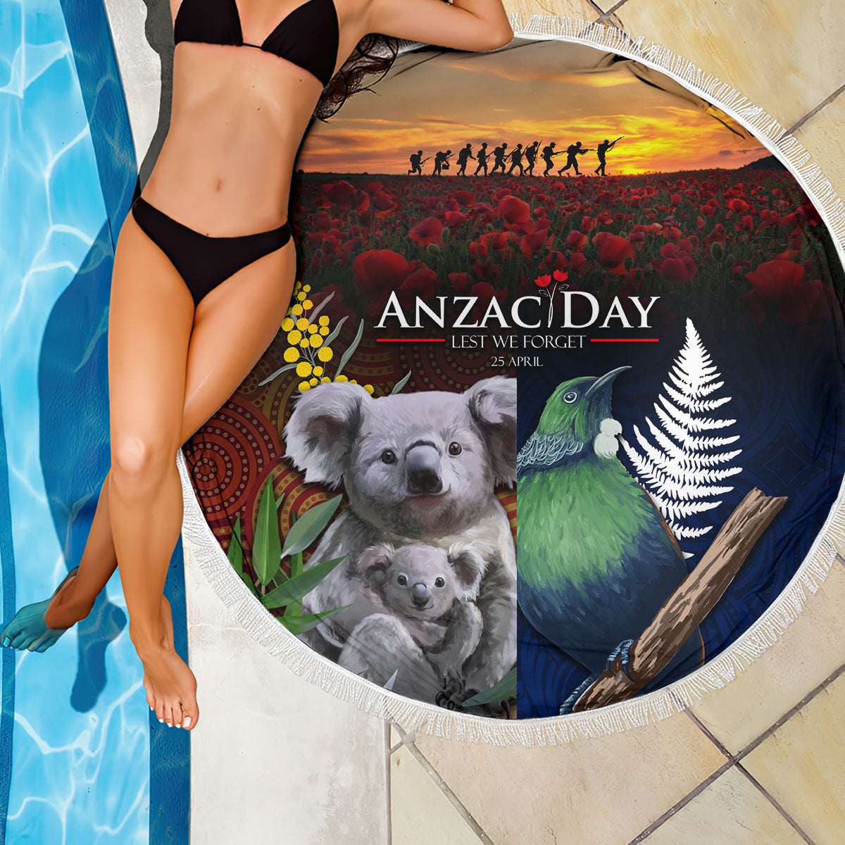 Australia and New Zealand ANZAC Day Beach Blanket Tui Bird and Koala mix Maori and Aboriginal Pattern LT03 - Polynesian Pride