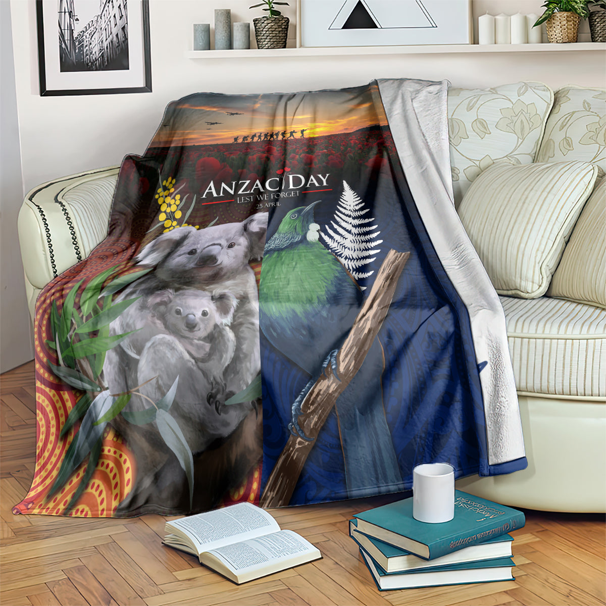 Australia and New Zealand ANZAC Day Blanket Tui Bird and Koala mix Maori and Aboriginal Pattern