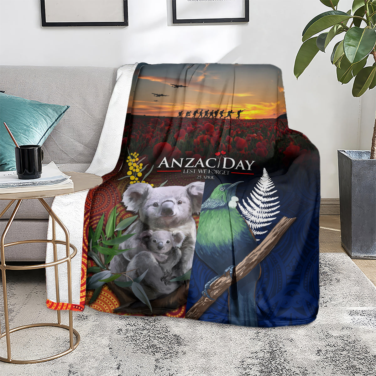 Australia and New Zealand ANZAC Day Blanket Tui Bird and Koala mix Maori and Aboriginal Pattern LT03 - Polynesian Pride