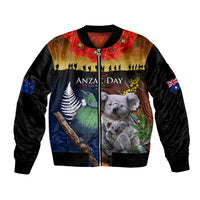 Australia and New Zealand ANZAC Day Bomber Jacket Tui Bird and Koala mix Maori and Aboriginal Pattern LT03 Unisex Black - Polynesian Pride