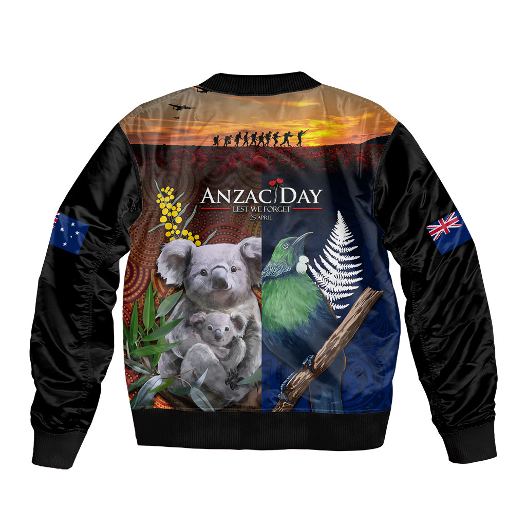 Australia and New Zealand ANZAC Day Bomber Jacket Tui Bird and Koala mix Maori and Aboriginal Pattern LT03 - Polynesian Pride