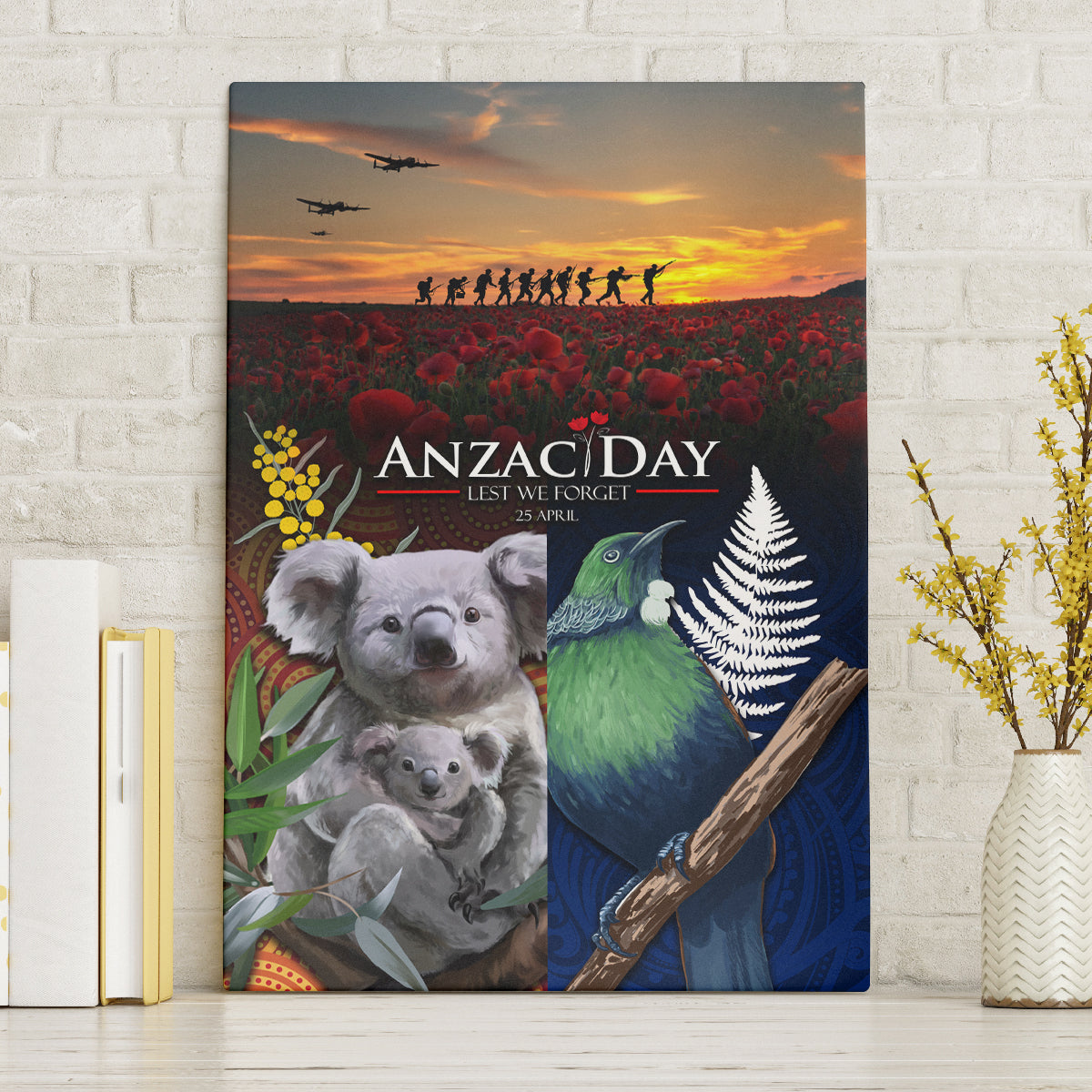 Australia and New Zealand ANZAC Day Canvas Wall Art Tui Bird and Koala mix Maori and Aboriginal Pattern