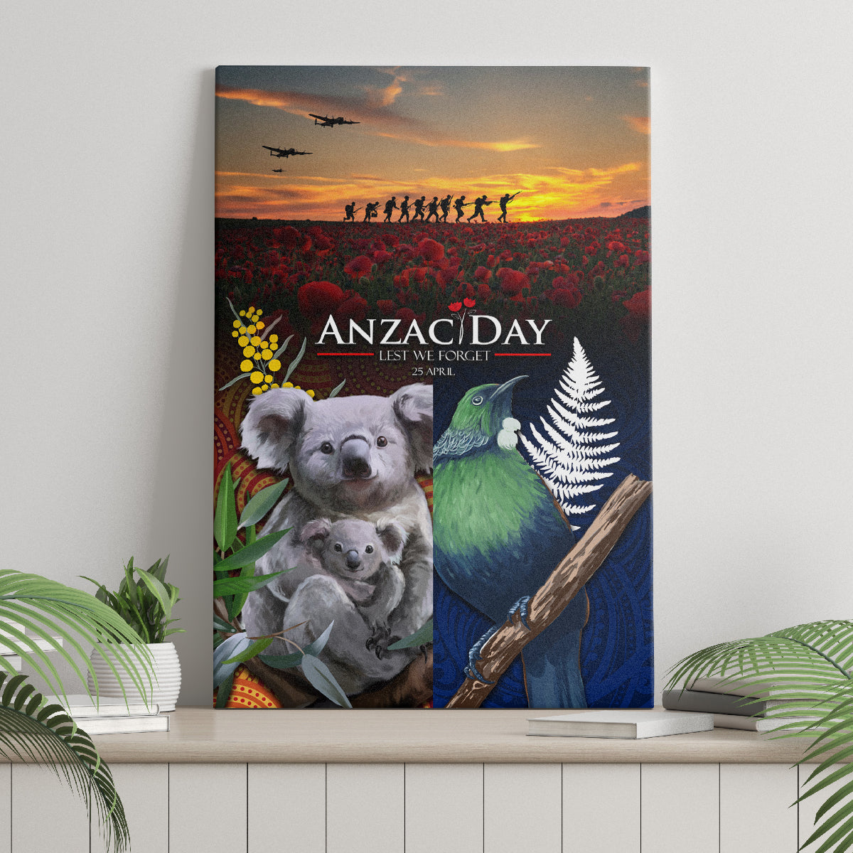 Australia and New Zealand ANZAC Day Canvas Wall Art Tui Bird and Koala mix Maori and Aboriginal Pattern LT03 - Polynesian Pride