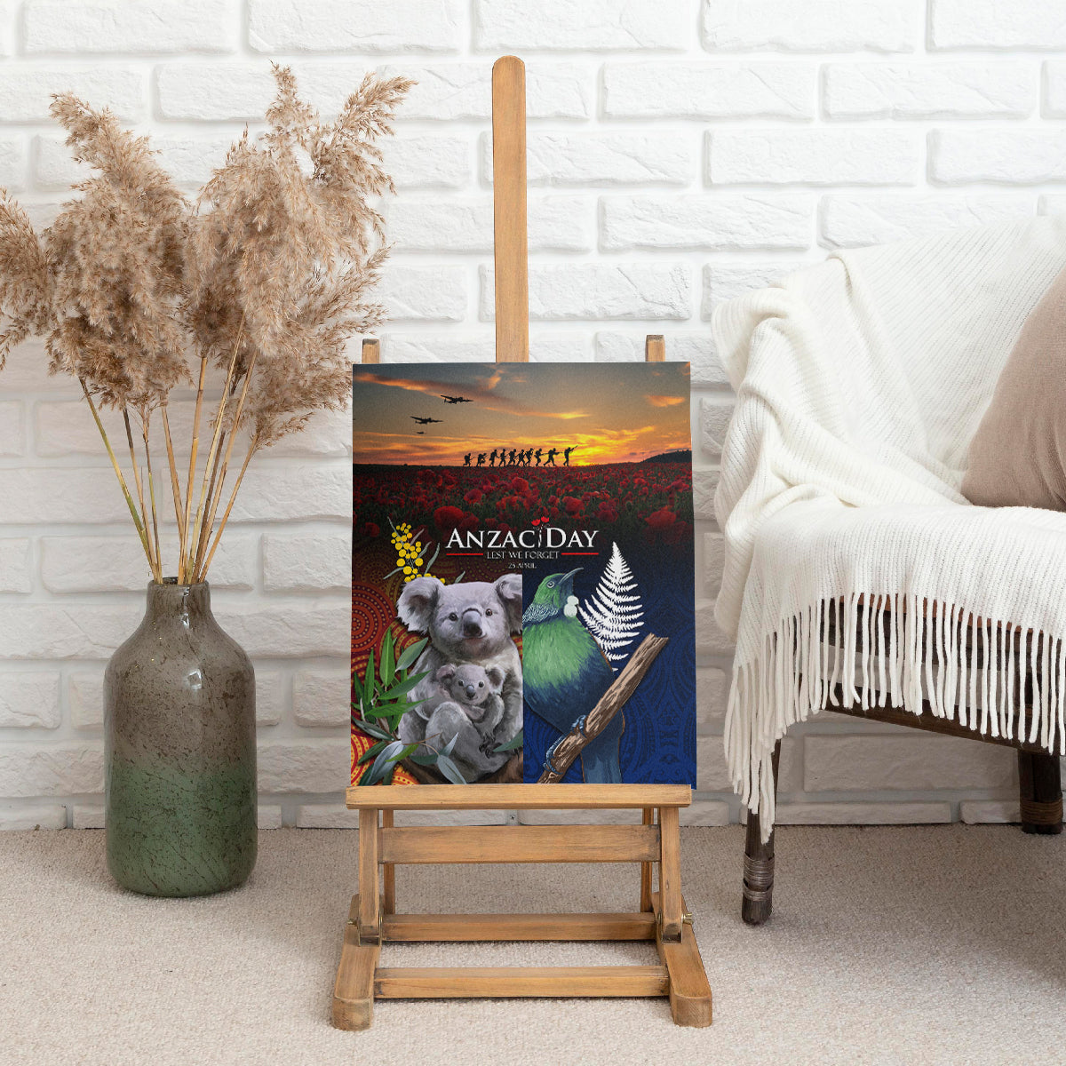 Australia and New Zealand ANZAC Day Canvas Wall Art Tui Bird and Koala mix Maori and Aboriginal Pattern LT03 - Polynesian Pride
