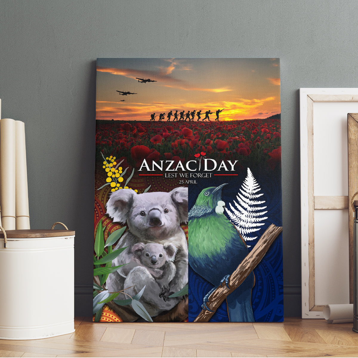Australia and New Zealand ANZAC Day Canvas Wall Art Tui Bird and Koala mix Maori and Aboriginal Pattern LT03 - Polynesian Pride