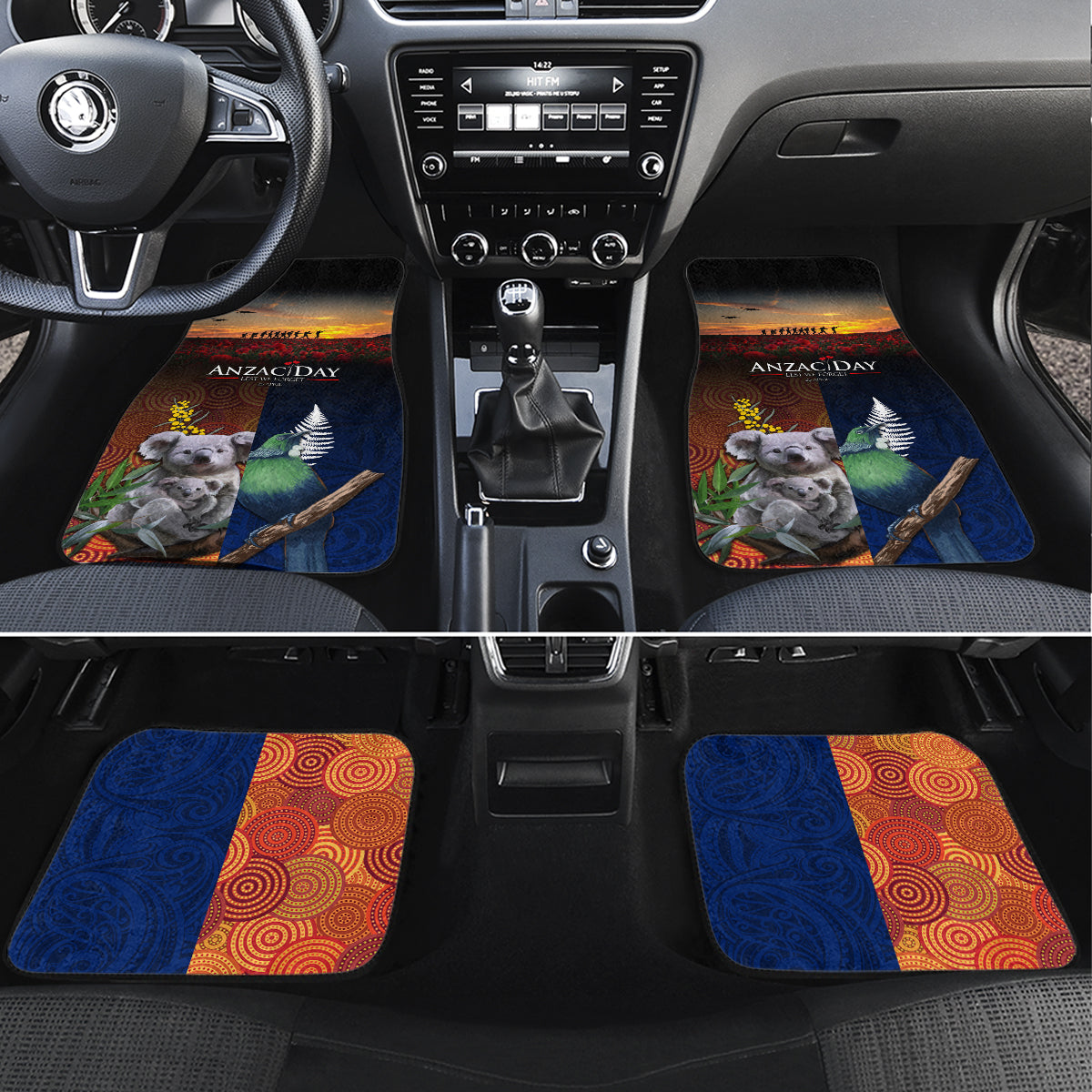 Australia and New Zealand ANZAC Day Car Mats Tui Bird and Koala mix Maori and Aboriginal Pattern LT03 Set 4pcs Black - Polynesian Pride