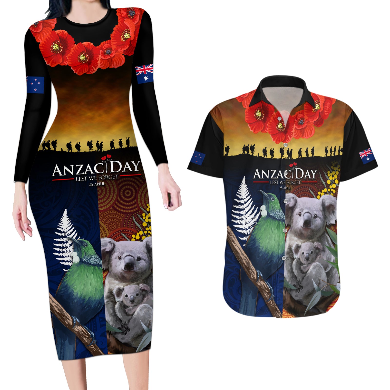 Australia and New Zealand ANZAC Day Couples Matching Long Sleeve Bodycon Dress and Hawaiian Shirt Tui Bird and Koala mix Maori and Aboriginal Pattern LT03 Black - Polynesian Pride