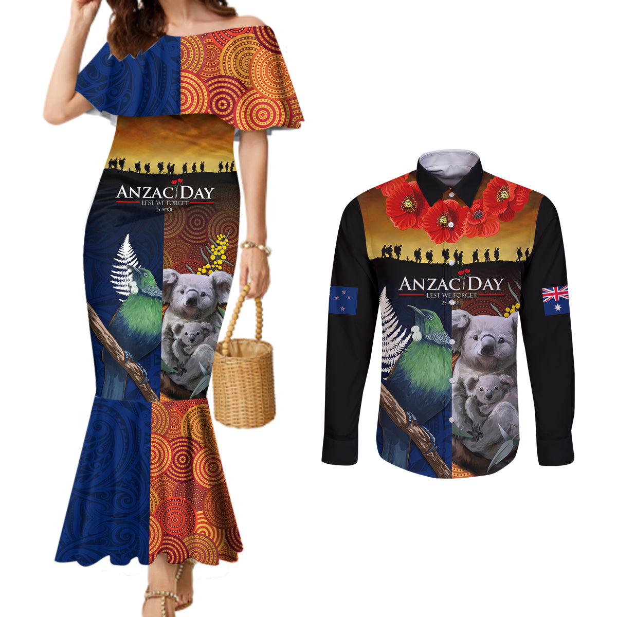 Australia and New Zealand ANZAC Day Couples Matching Mermaid Dress and Long Sleeve Button Shirt Tui Bird and Koala mix Maori and Aboriginal Pattern