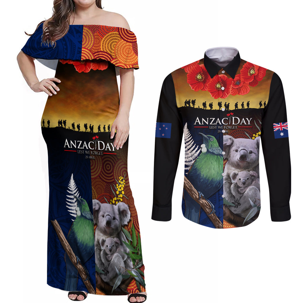 Australia and New Zealand ANZAC Day Couples Matching Off Shoulder Maxi Dress and Long Sleeve Button Shirt Tui Bird and Koala mix Maori and Aboriginal Pattern