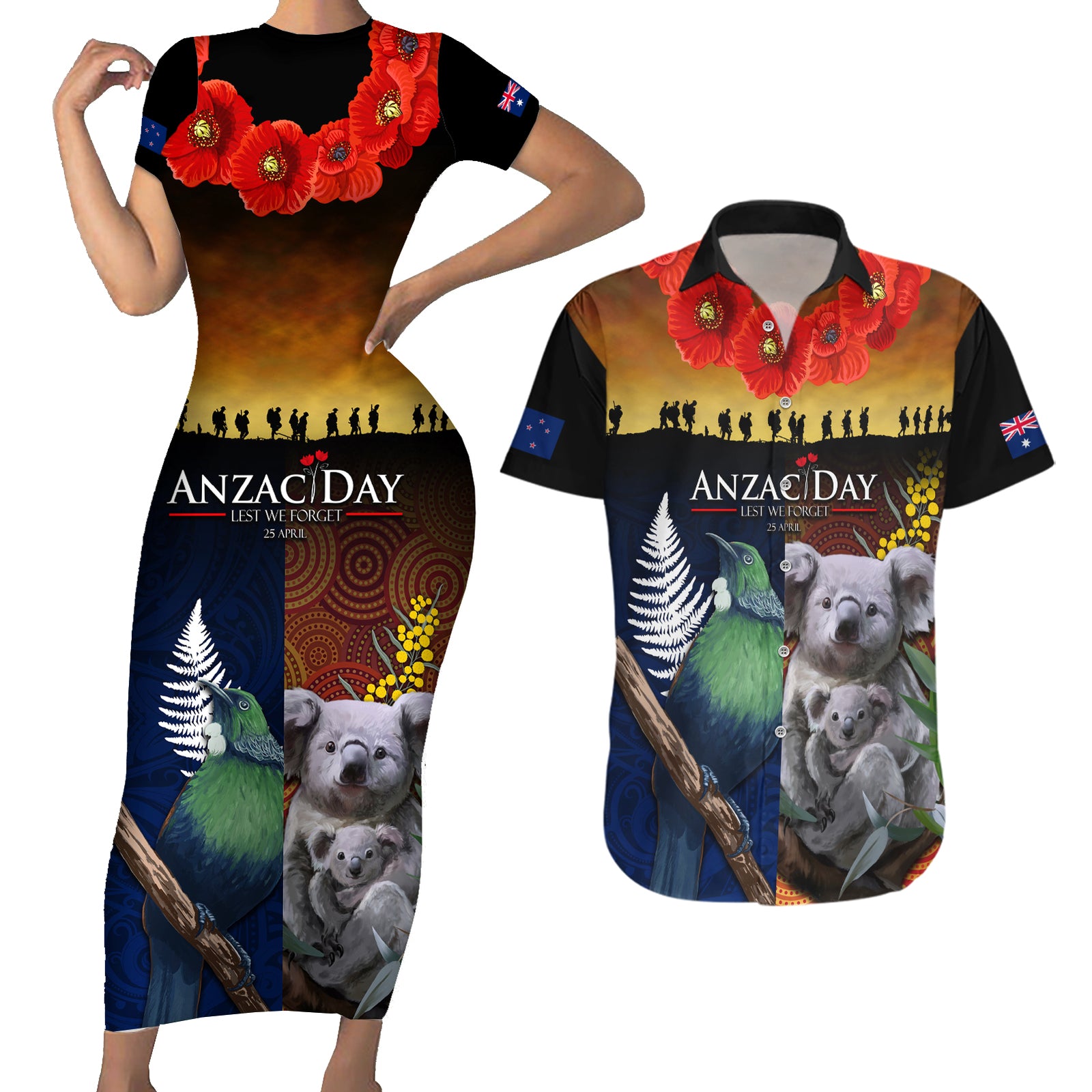 Australia and New Zealand ANZAC Day Couples Matching Short Sleeve Bodycon Dress and Hawaiian Shirt Tui Bird and Koala mix Maori and Aboriginal Pattern LT03 Black - Polynesian Pride