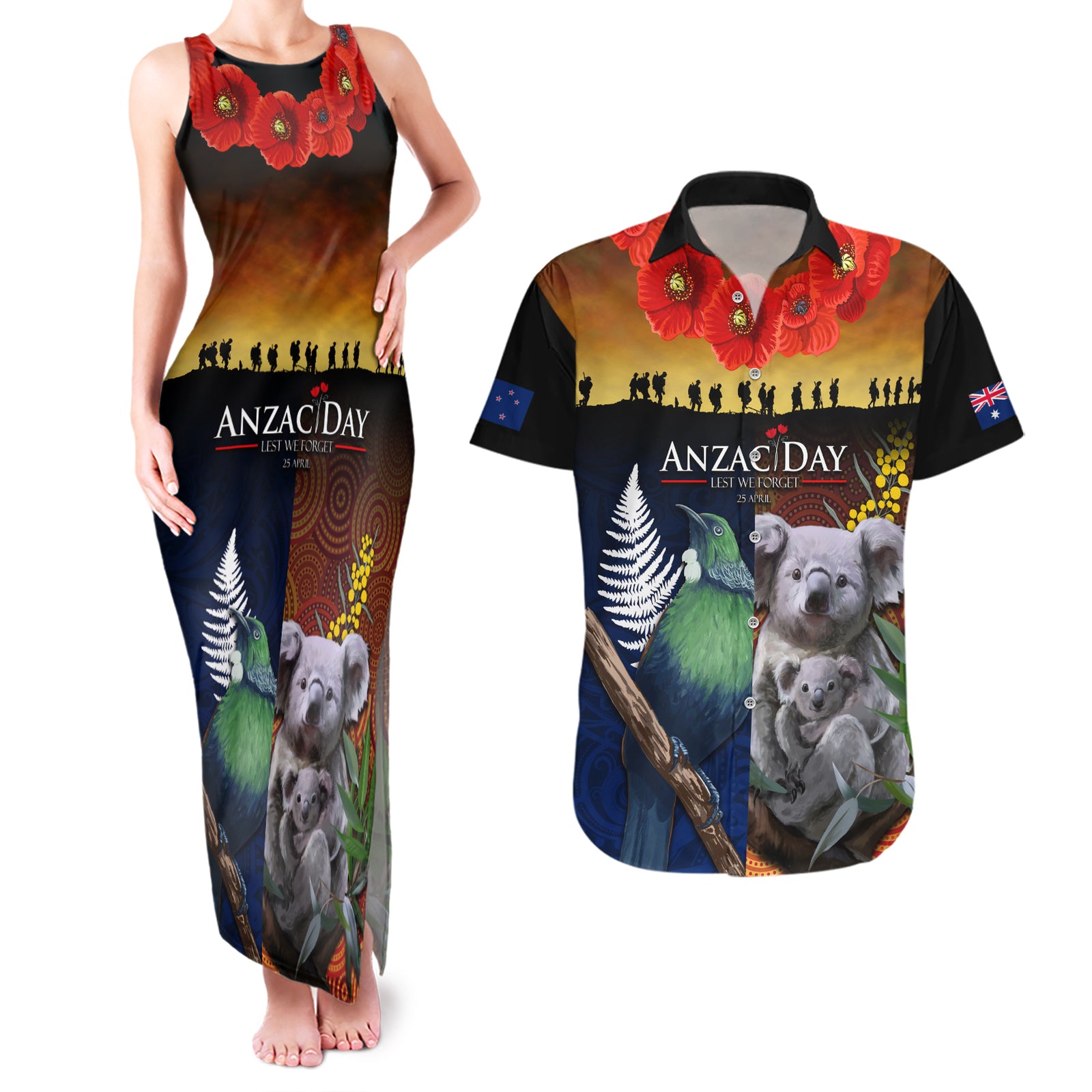 Australia and New Zealand ANZAC Day Couples Matching Tank Maxi Dress and Hawaiian Shirt Tui Bird and Koala mix Maori and Aboriginal Pattern LT03 Black - Polynesian Pride