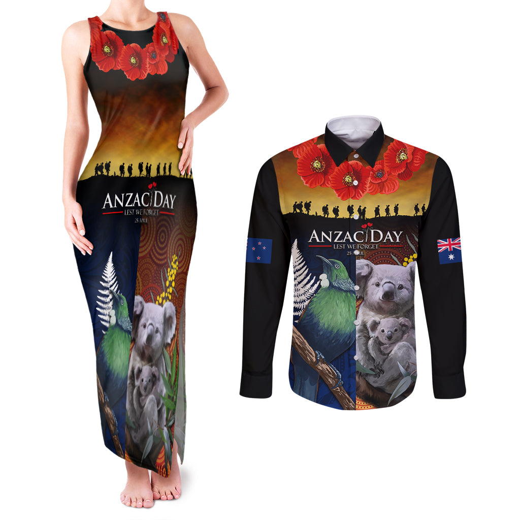 Australia and New Zealand ANZAC Day Couples Matching Tank Maxi Dress and Long Sleeve Button Shirt Tui Bird and Koala mix Maori and Aboriginal Pattern