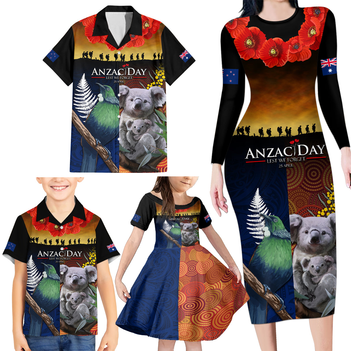 Australia and New Zealand ANZAC Day Family Matching Long Sleeve Bodycon Dress and Hawaiian Shirt Tui Bird and Koala mix Maori and Aboriginal Pattern