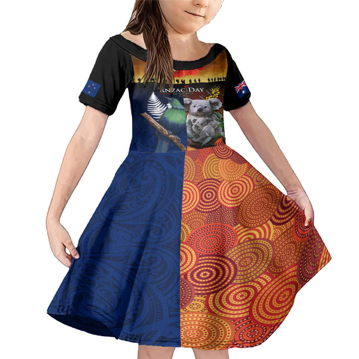 Australia and New Zealand ANZAC Day Family Matching Mermaid Dress and Hawaiian Shirt Tui Bird and Koala mix Maori and Aboriginal Pattern