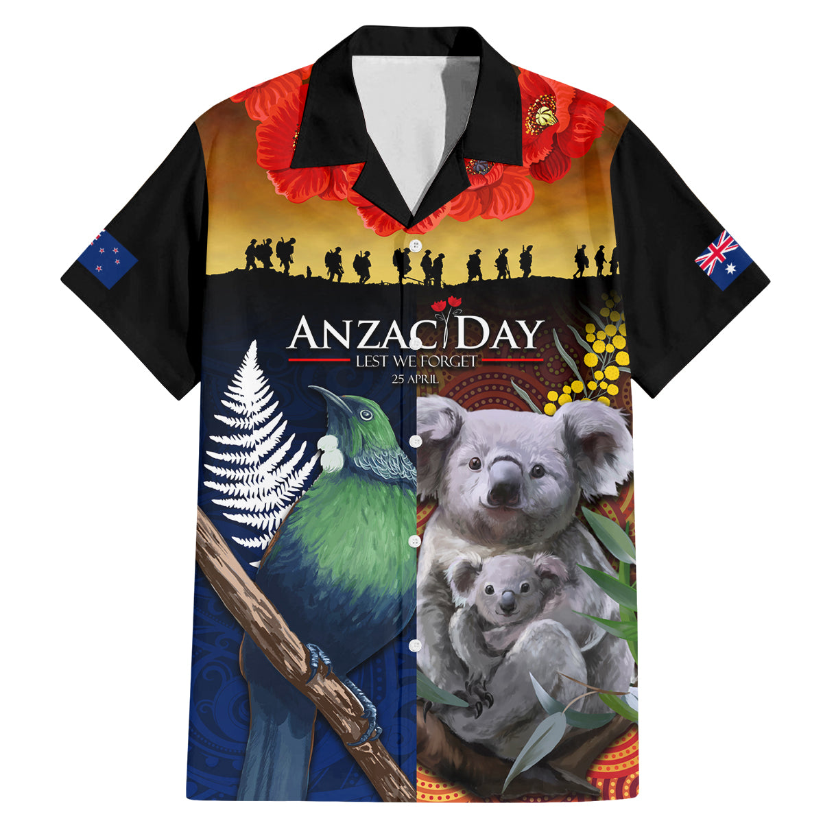Australia and New Zealand ANZAC Day Family Matching Mermaid Dress and Hawaiian Shirt Tui Bird and Koala mix Maori and Aboriginal Pattern