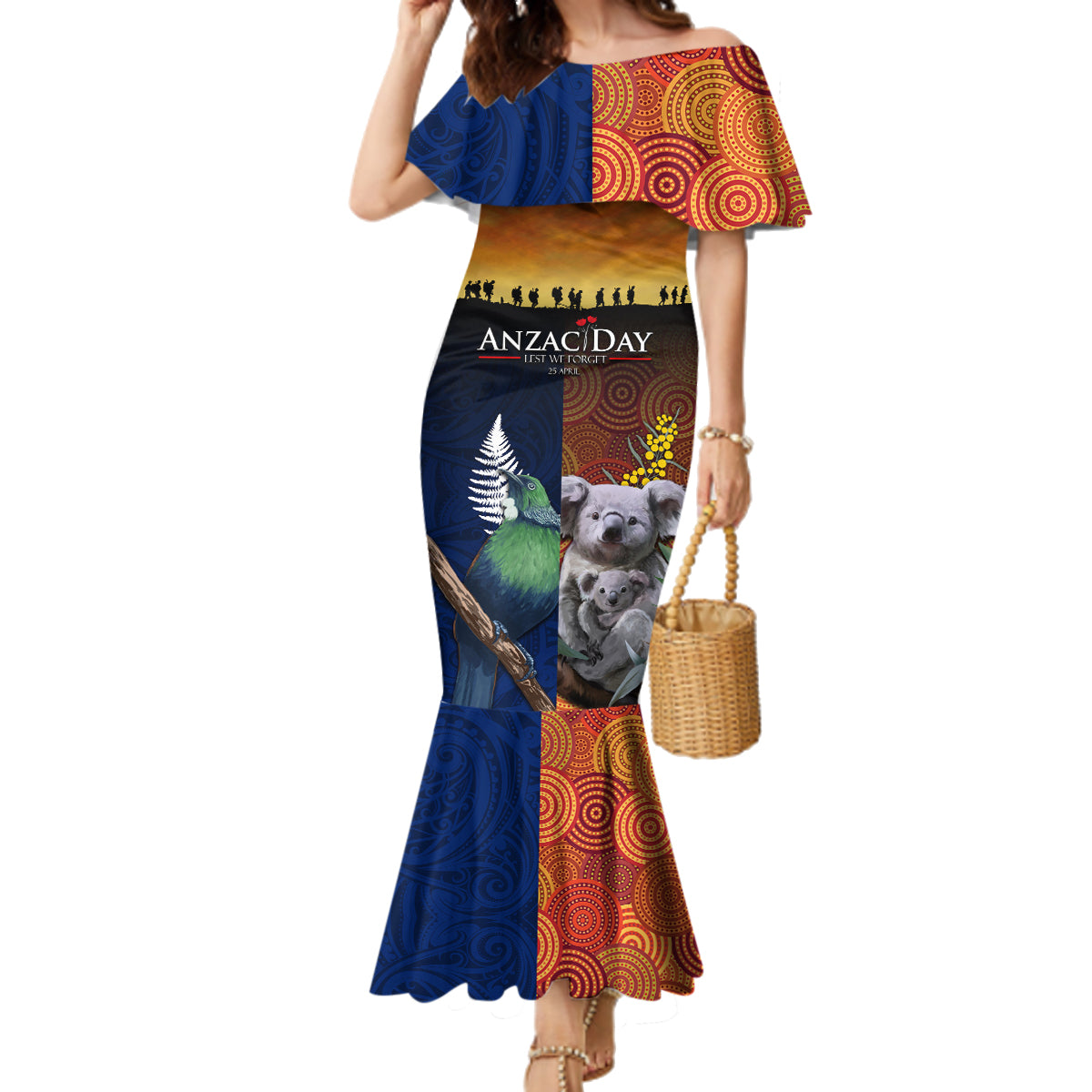 Australia and New Zealand ANZAC Day Family Matching Mermaid Dress and Hawaiian Shirt Tui Bird and Koala mix Maori and Aboriginal Pattern
