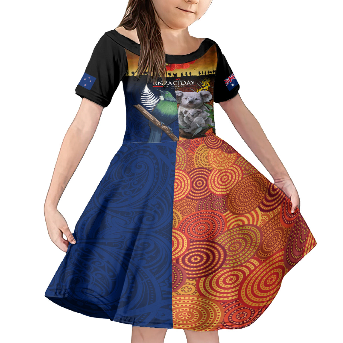 Australia and New Zealand ANZAC Day Family Matching Off Shoulder Maxi Dress and Hawaiian Shirt Tui Bird and Koala mix Maori and Aboriginal Pattern