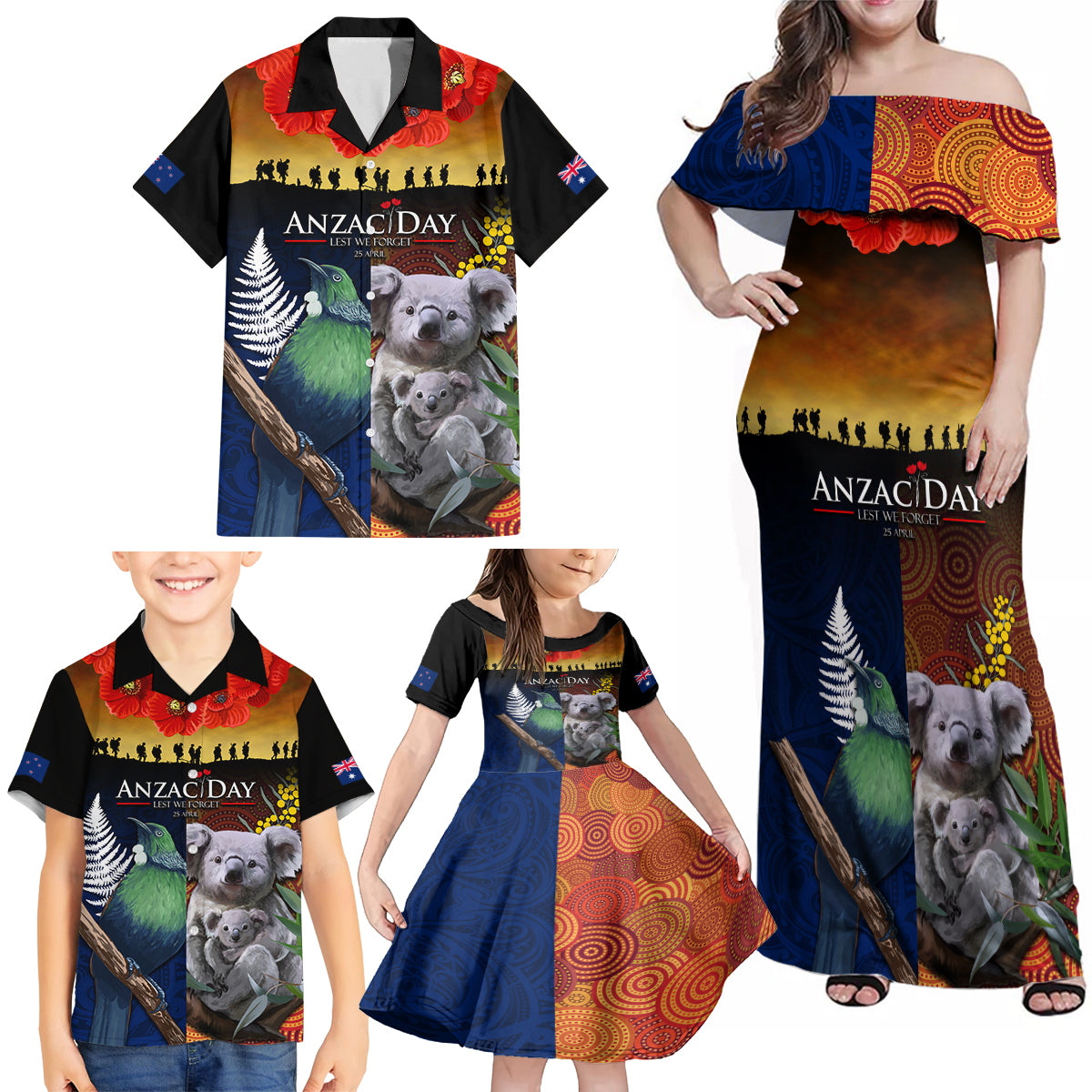 Australia and New Zealand ANZAC Day Family Matching Off Shoulder Maxi Dress and Hawaiian Shirt Tui Bird and Koala mix Maori and Aboriginal Pattern