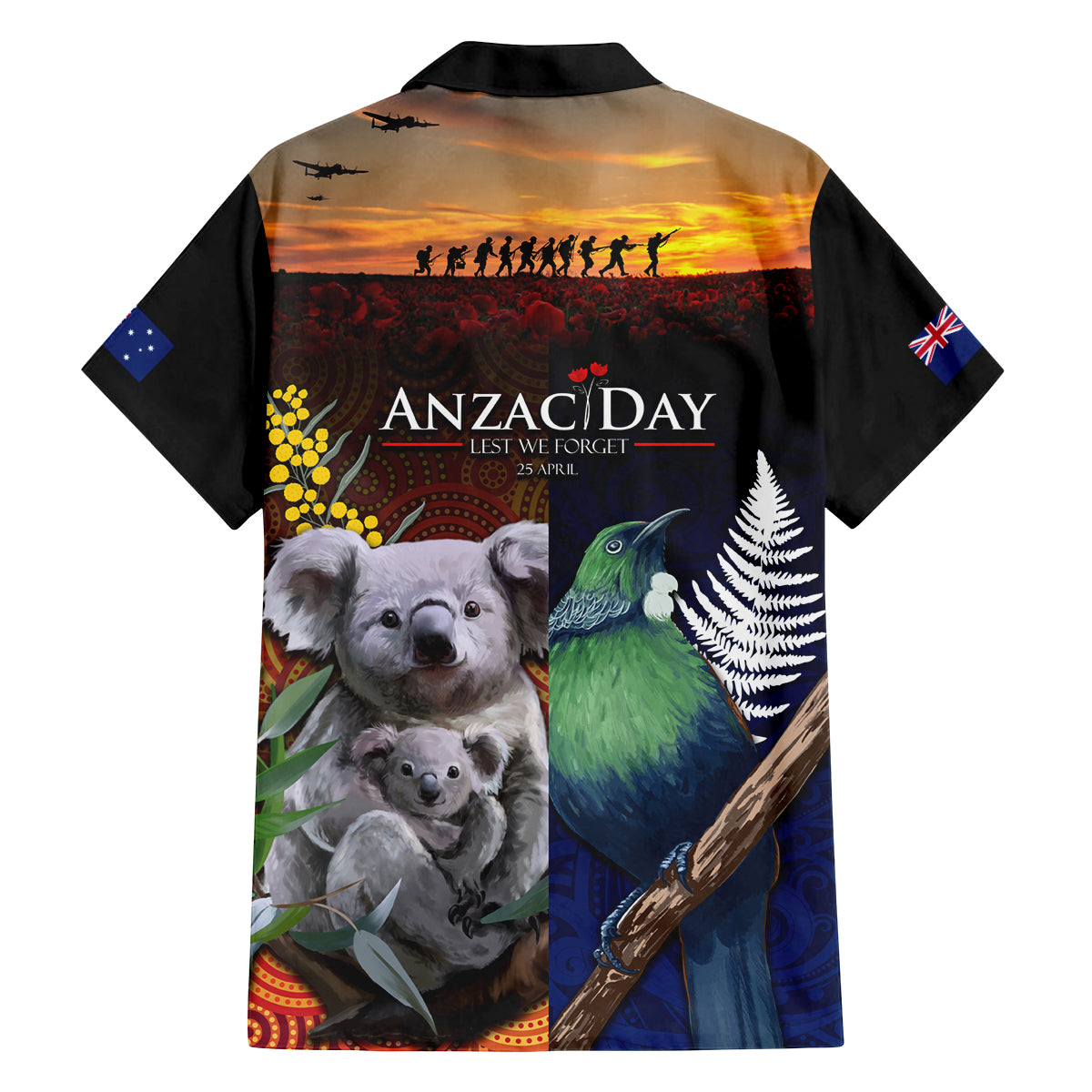 Australia and New Zealand ANZAC Day Family Matching Off Shoulder Maxi Dress and Hawaiian Shirt Tui Bird and Koala mix Maori and Aboriginal Pattern