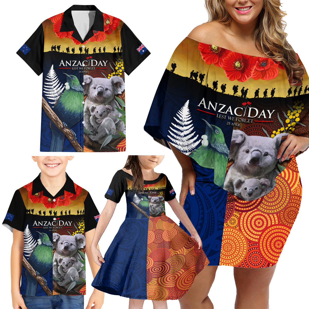 Australia and New Zealand ANZAC Day Family Matching Off Shoulder Short Dress and Hawaiian Shirt Tui Bird and Koala mix Maori and Aboriginal Pattern