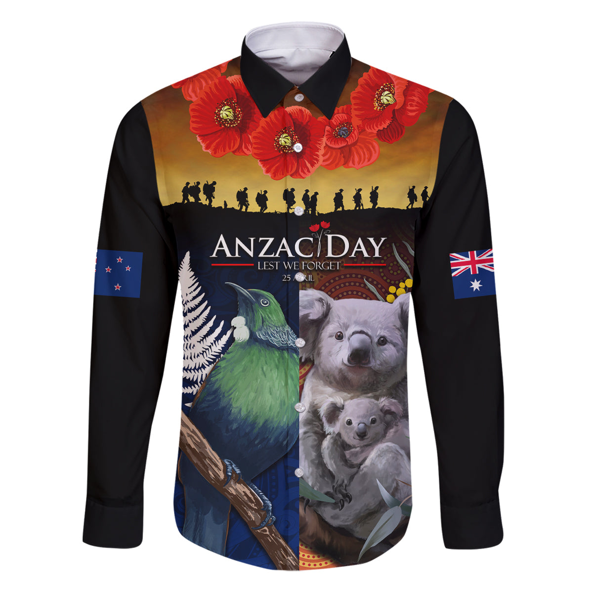 Australia and New Zealand ANZAC Day Family Matching Puletasi and Hawaiian Shirt Tui Bird and Koala mix Maori and Aboriginal Pattern