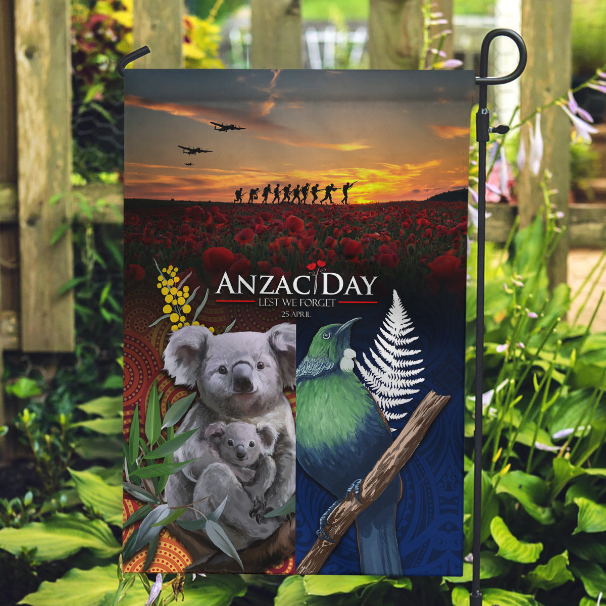 Australia and New Zealand ANZAC Day Garden Flag Tui Bird and Koala mix Maori and Aboriginal Pattern LT03 Garden Flag Black - Polynesian Pride