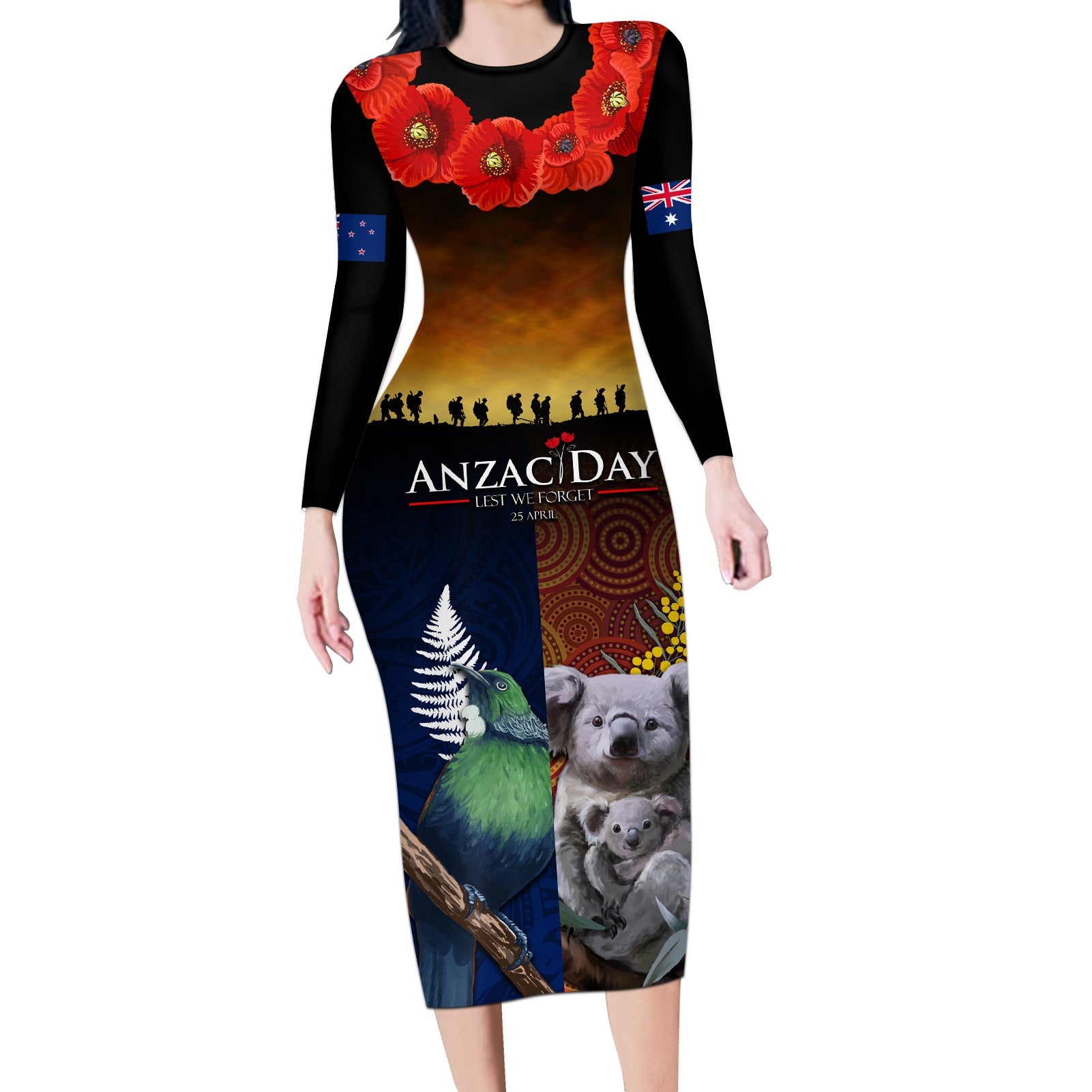 Australia and New Zealand ANZAC Day Long Sleeve Bodycon Dress Tui Bird and Koala mix Maori and Aboriginal Pattern