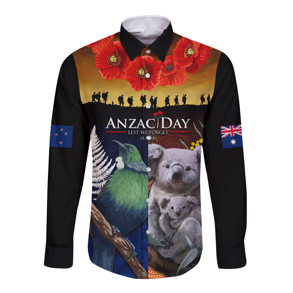 Australia and New Zealand ANZAC Day Long Sleeve Button Shirt Tui Bird and Koala mix Maori and Aboriginal Pattern