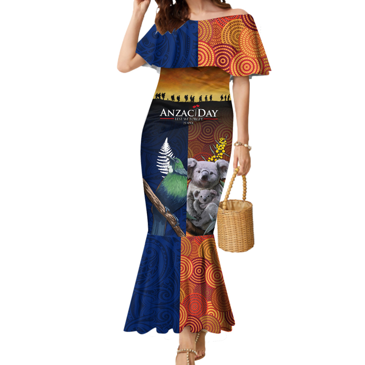 Australia and New Zealand ANZAC Day Mermaid Dress Tui Bird and Koala mix Maori and Aboriginal Pattern