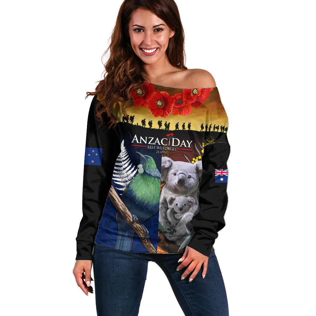 Australia and New Zealand ANZAC Day Off Shoulder Sweater Tui Bird and Koala mix Maori and Aboriginal Pattern