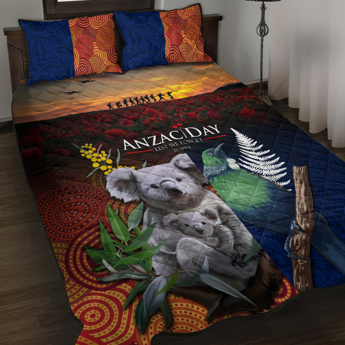 Australia and New Zealand ANZAC Day Quilt Bed Set Tui Bird and Koala mix Maori and Aboriginal Pattern