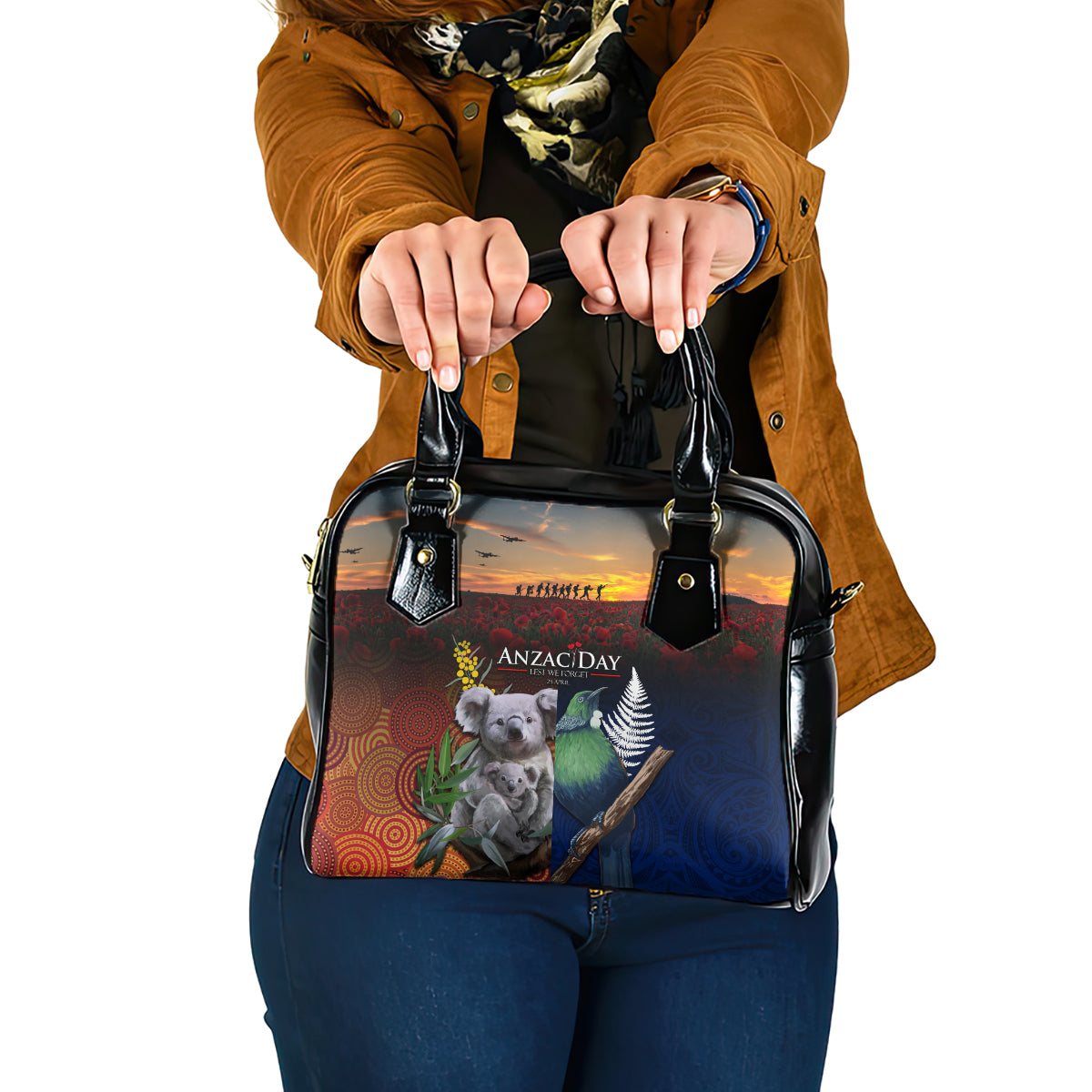 Australia and New Zealand ANZAC Day Shoulder Handbag Tui Bird and Koala mix Maori and Aboriginal Pattern