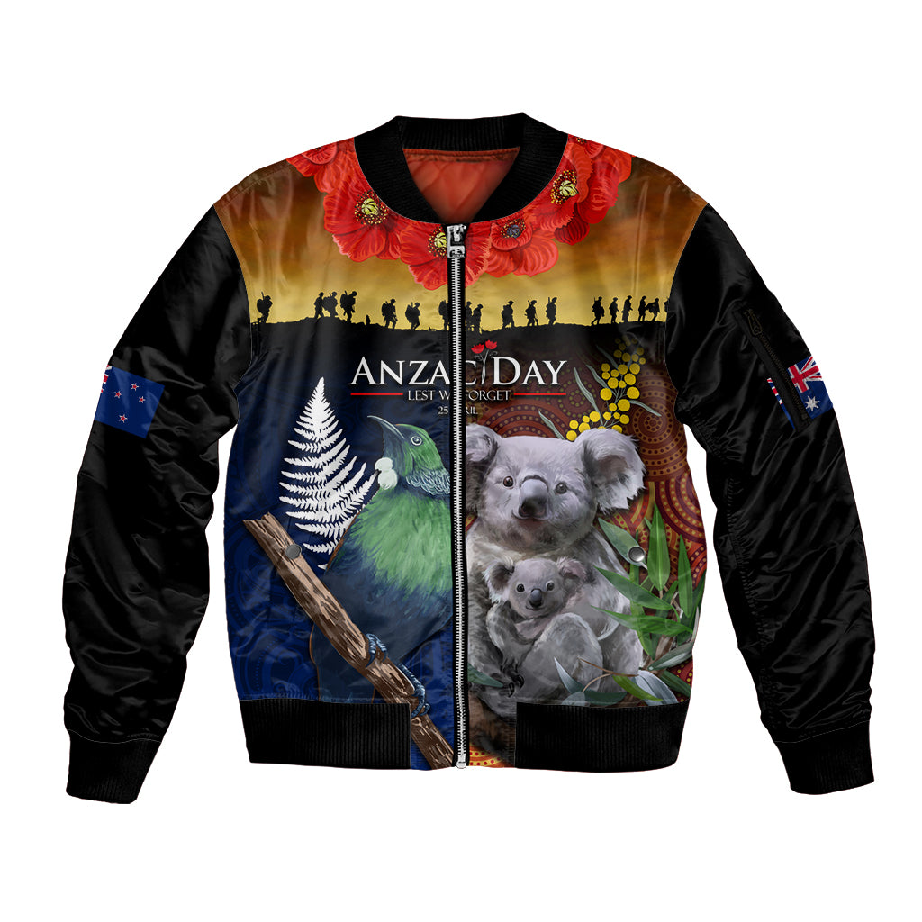 Australia and New Zealand ANZAC Day Sleeve Zip Bomber Jacket Tui Bird and Koala mix Maori and Aboriginal Pattern LT03 Unisex Black - Polynesian Pride