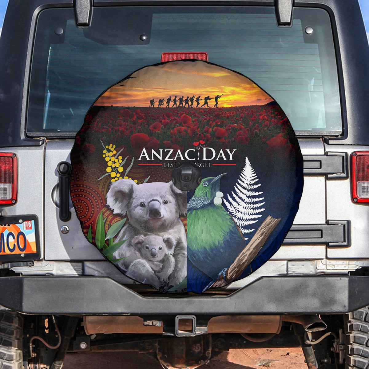 Australia and New Zealand ANZAC Day Spare Tire Cover Tui Bird and Koala mix Maori and Aboriginal Pattern LT03 Black - Polynesian Pride