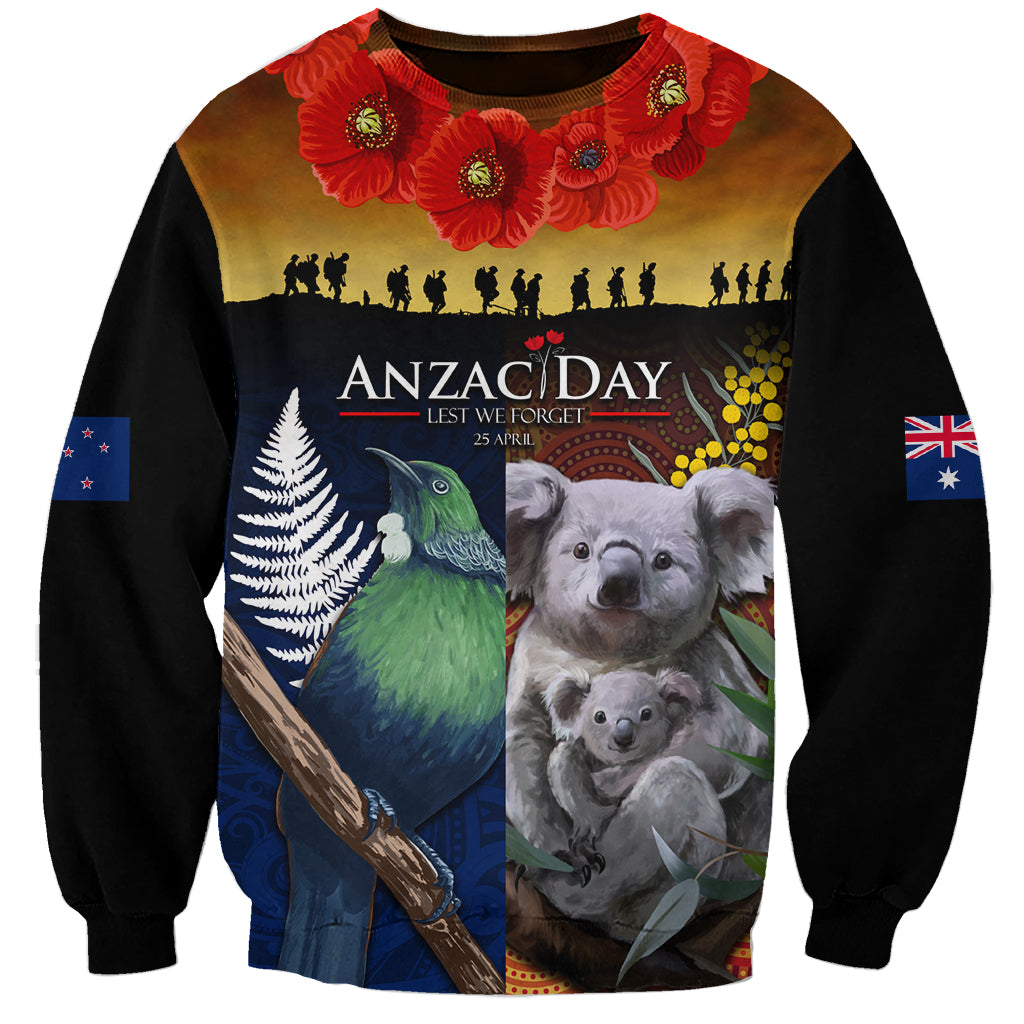 Australia and New Zealand ANZAC Day Sweatshirt Tui Bird and Koala mix Maori and Aboriginal Pattern LT03 Unisex Black - Polynesian Pride