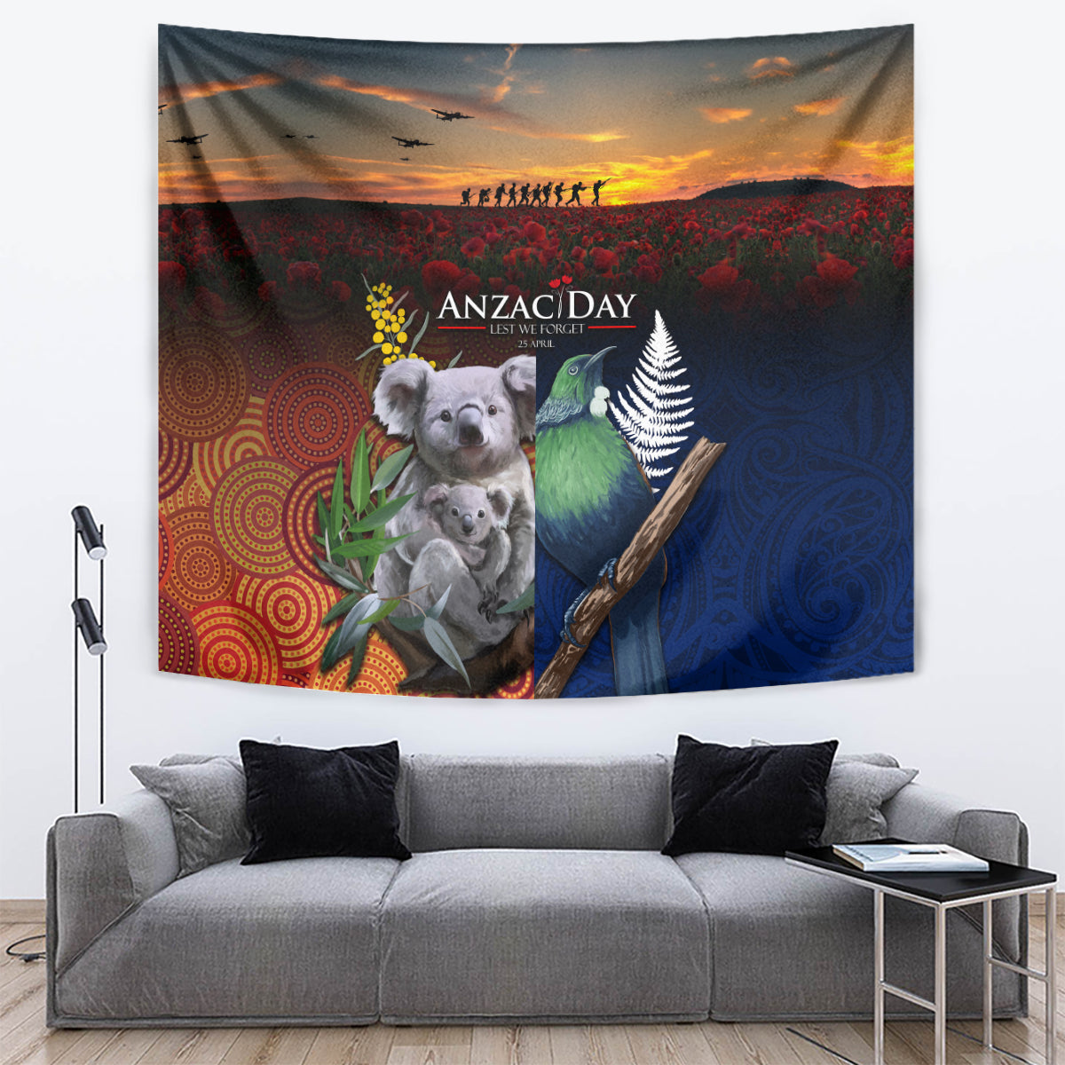 Australia and New Zealand ANZAC Day Tapestry Tui Bird and Koala mix Maori and Aboriginal Pattern LT03 Black - Polynesian Pride