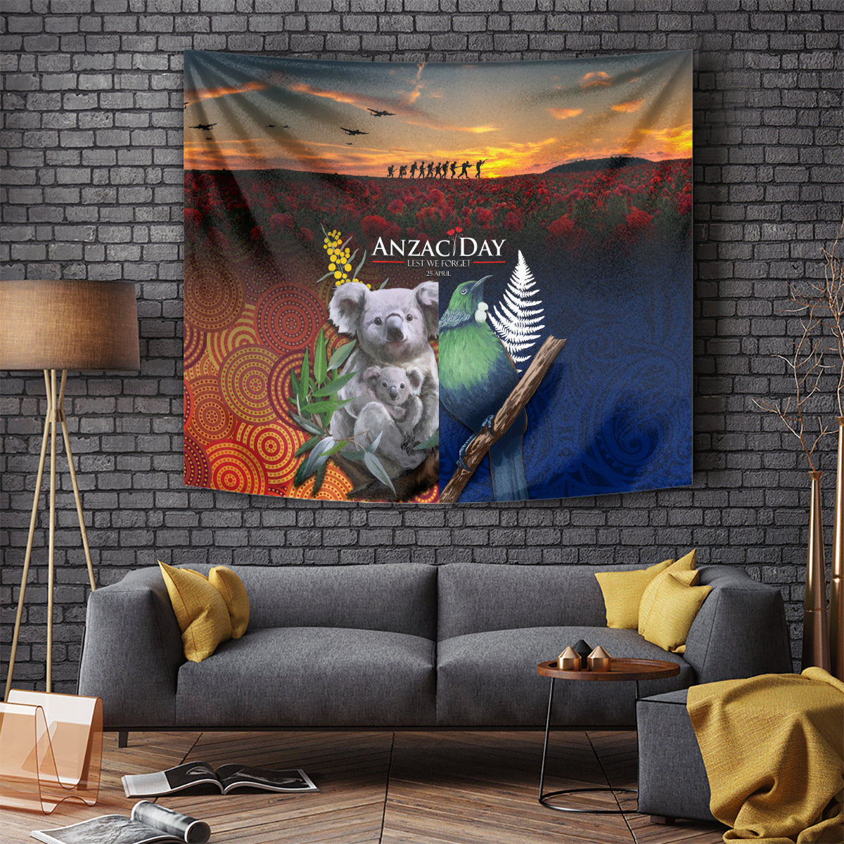 Australia and New Zealand ANZAC Day Tapestry Tui Bird and Koala mix Maori and Aboriginal Pattern LT03 - Polynesian Pride