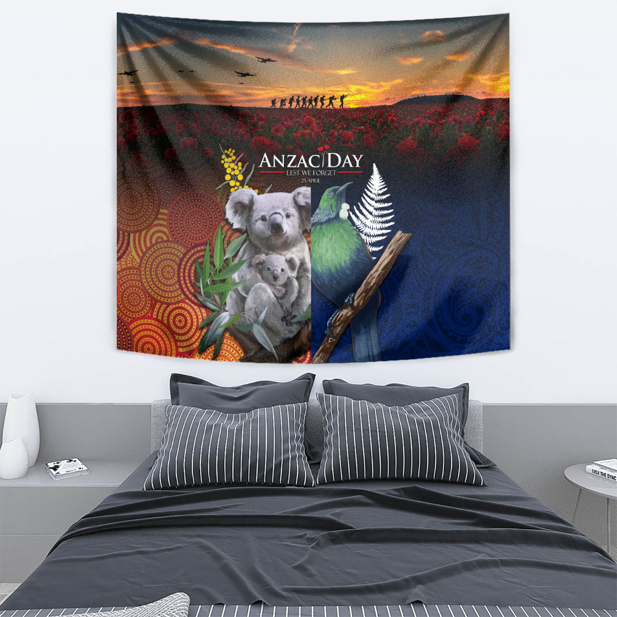Australia and New Zealand ANZAC Day Tapestry Tui Bird and Koala mix Maori and Aboriginal Pattern LT03 - Polynesian Pride