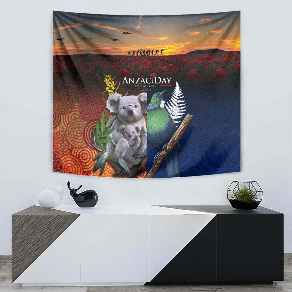 Australia and New Zealand ANZAC Day Tapestry Tui Bird and Koala mix Maori and Aboriginal Pattern LT03 - Polynesian Pride