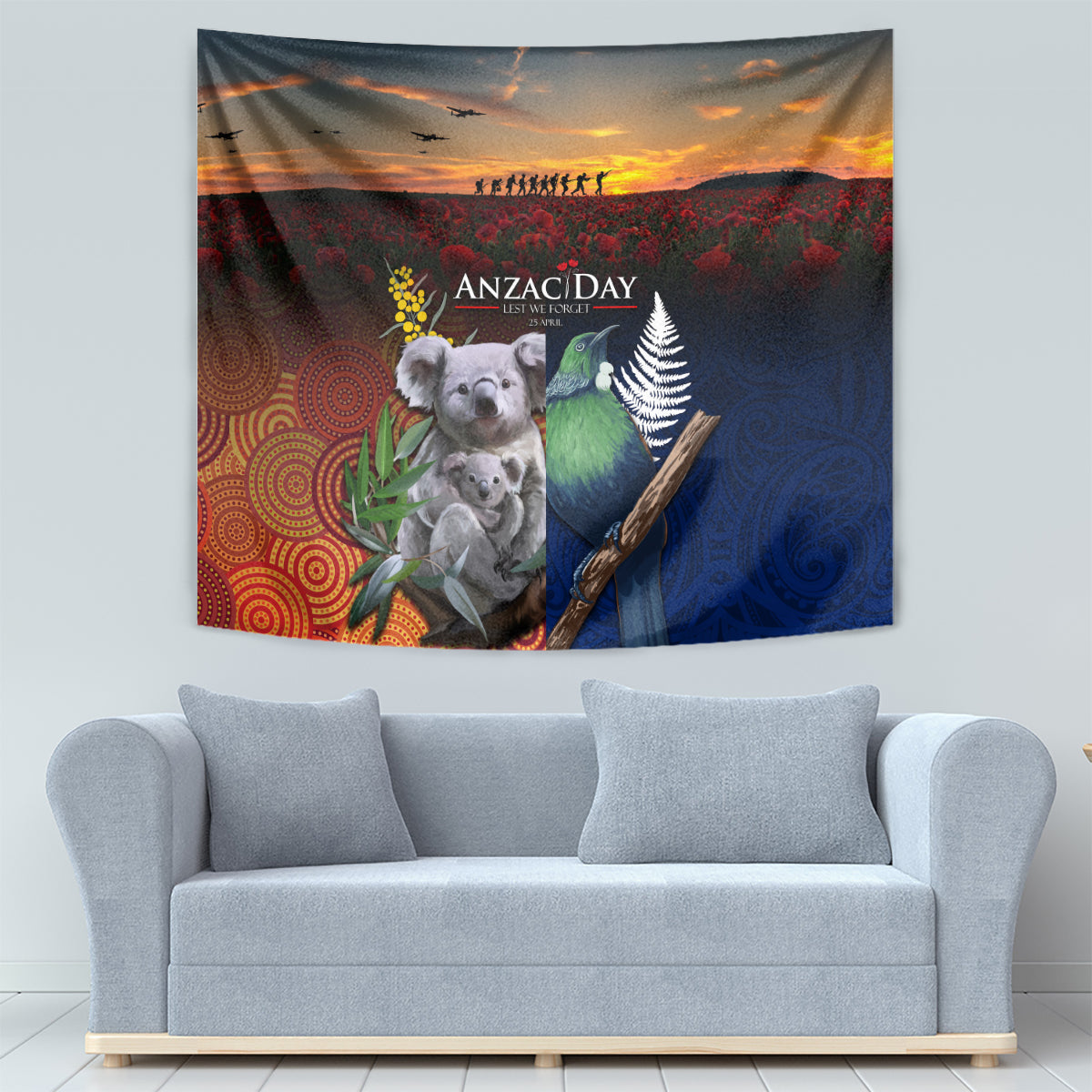 Australia and New Zealand ANZAC Day Tapestry Tui Bird and Koala mix Maori and Aboriginal Pattern LT03 - Polynesian Pride