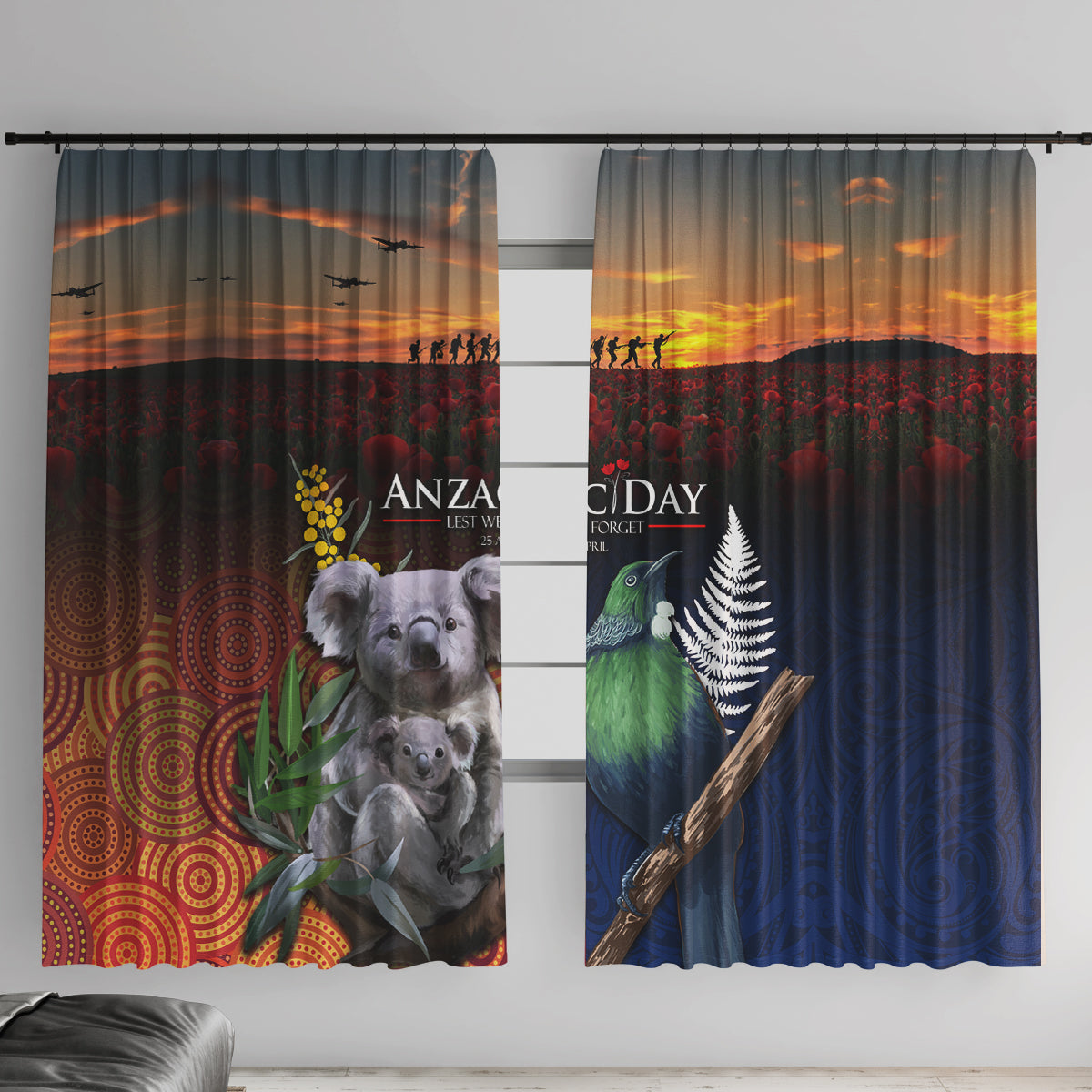 Australia and New Zealand ANZAC Day Window Curtain Tui Bird and Koala mix Maori and Aboriginal Pattern