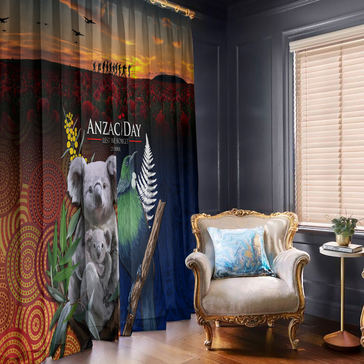 Australia and New Zealand ANZAC Day Window Curtain Tui Bird and Koala mix Maori and Aboriginal Pattern LT03 - Polynesian Pride