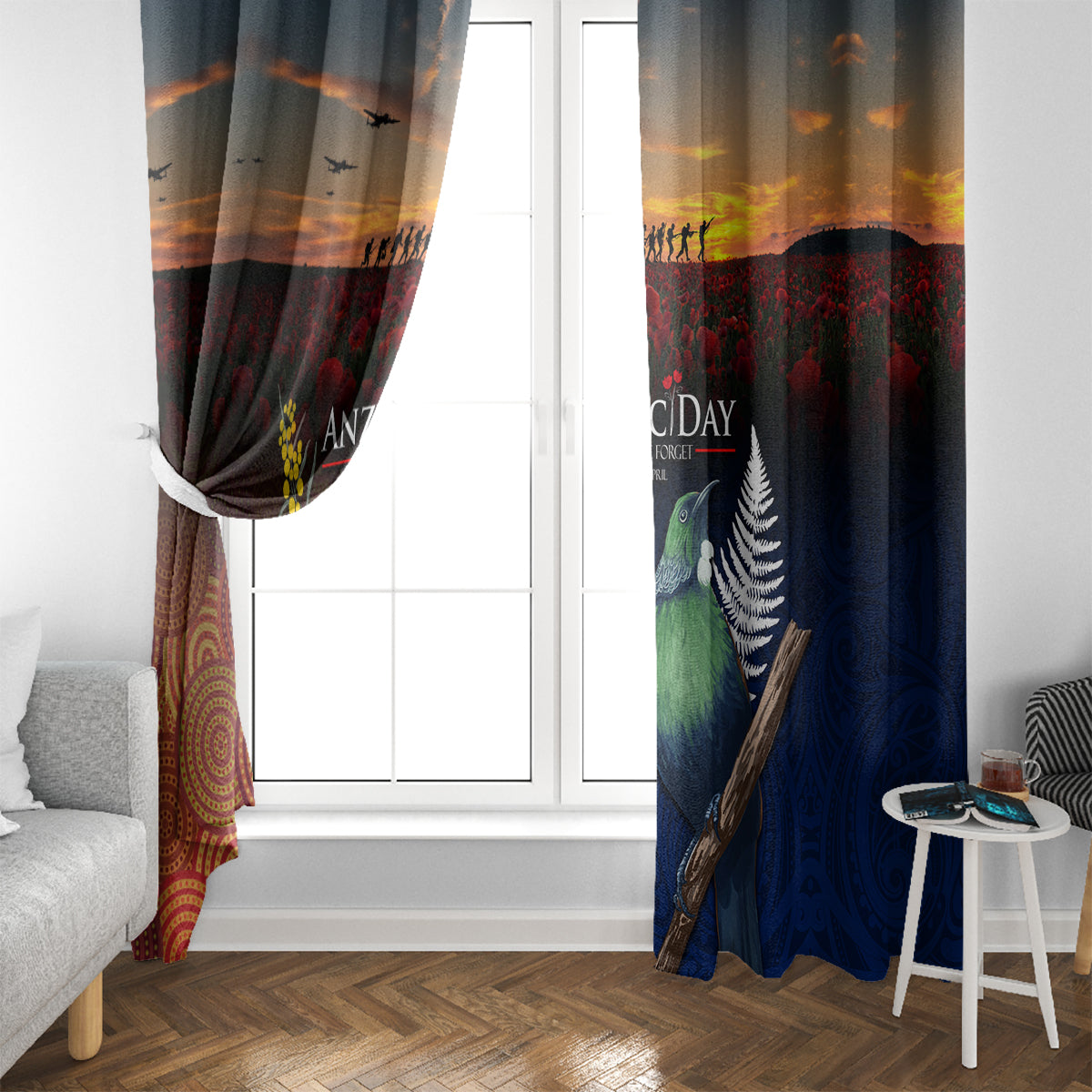 Australia and New Zealand ANZAC Day Window Curtain Tui Bird and Koala mix Maori and Aboriginal Pattern LT03 - Polynesian Pride
