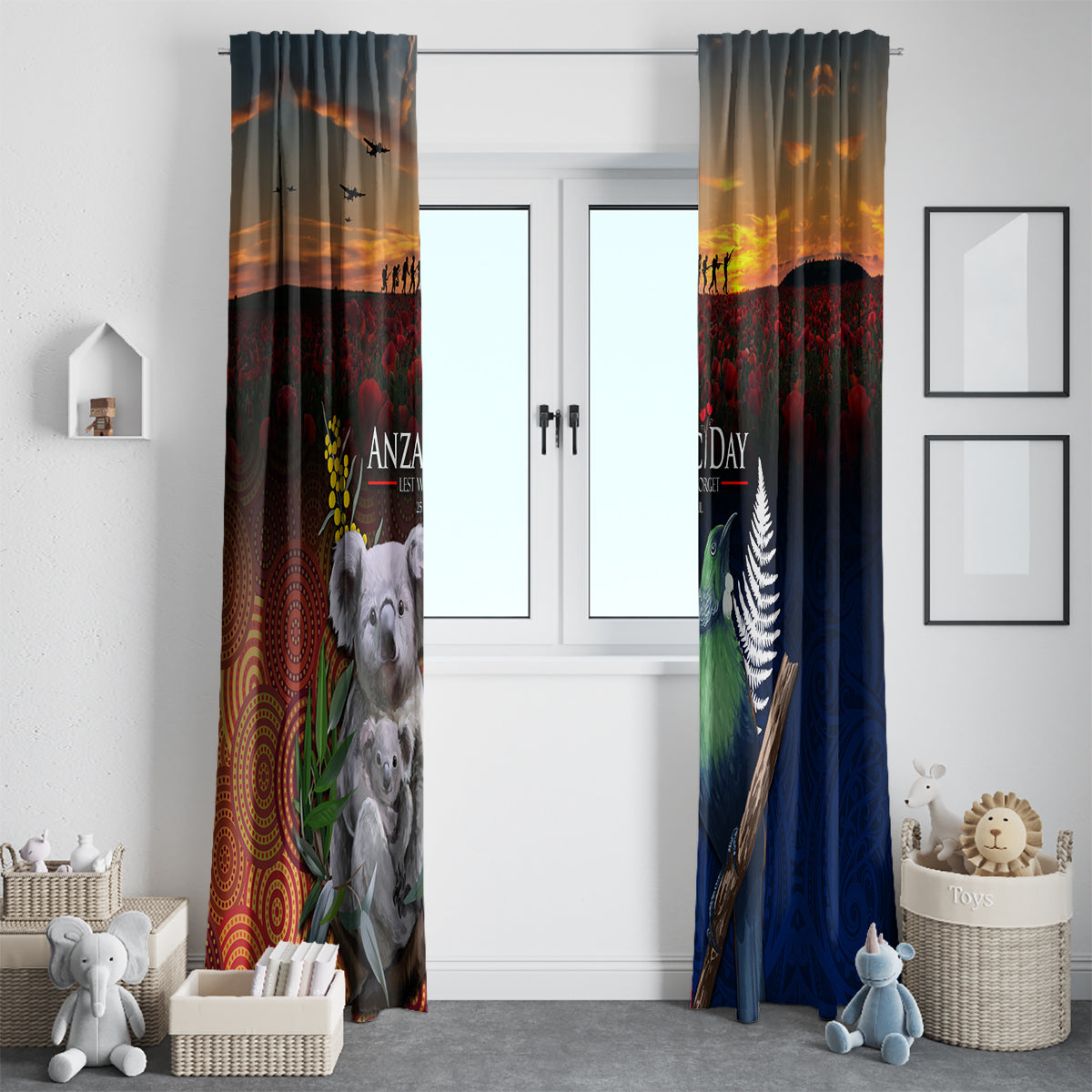 Australia and New Zealand ANZAC Day Window Curtain Tui Bird and Koala mix Maori and Aboriginal Pattern LT03 - Polynesian Pride