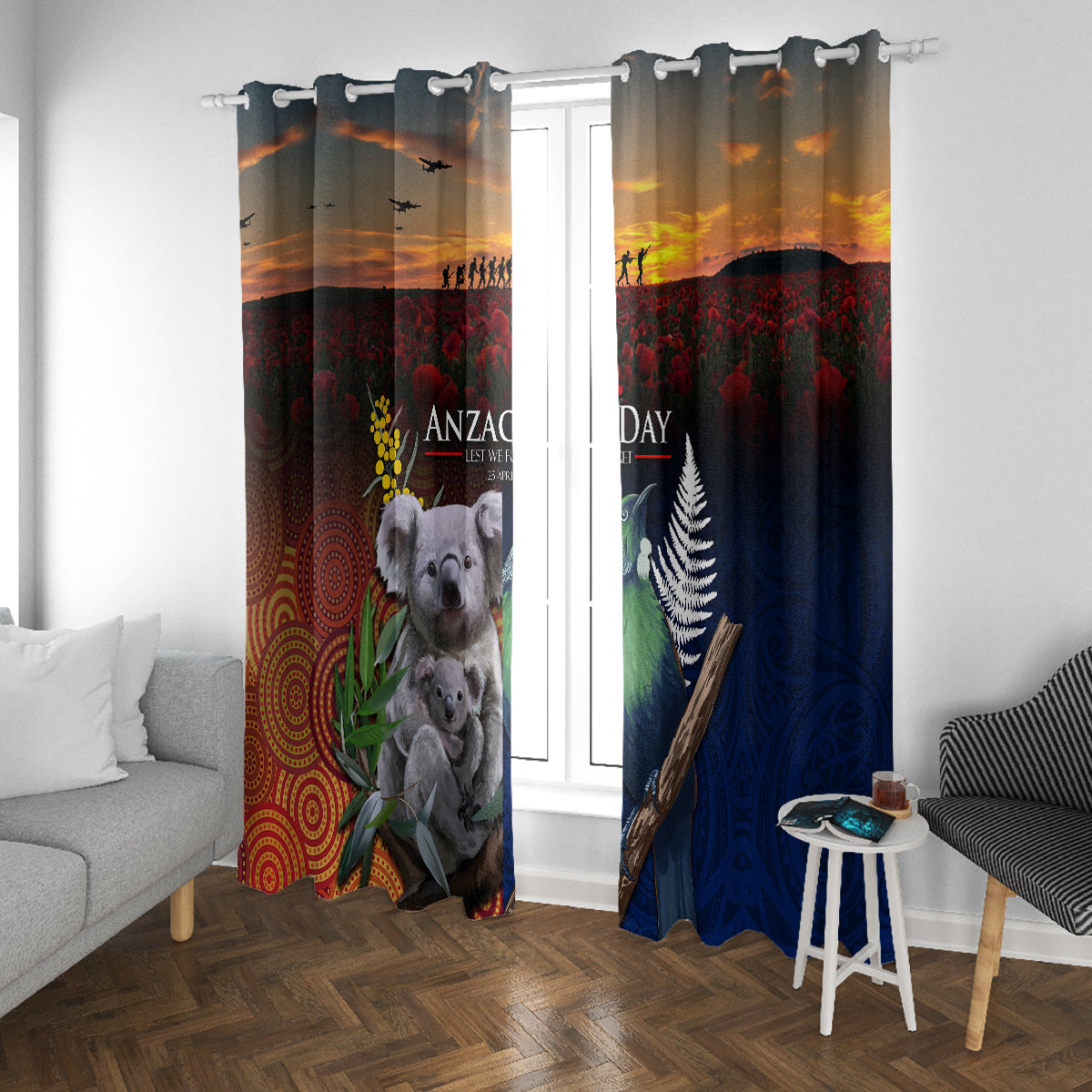 Australia and New Zealand ANZAC Day Window Curtain Tui Bird and Koala mix Maori and Aboriginal Pattern LT03 With Grommets Black - Polynesian Pride