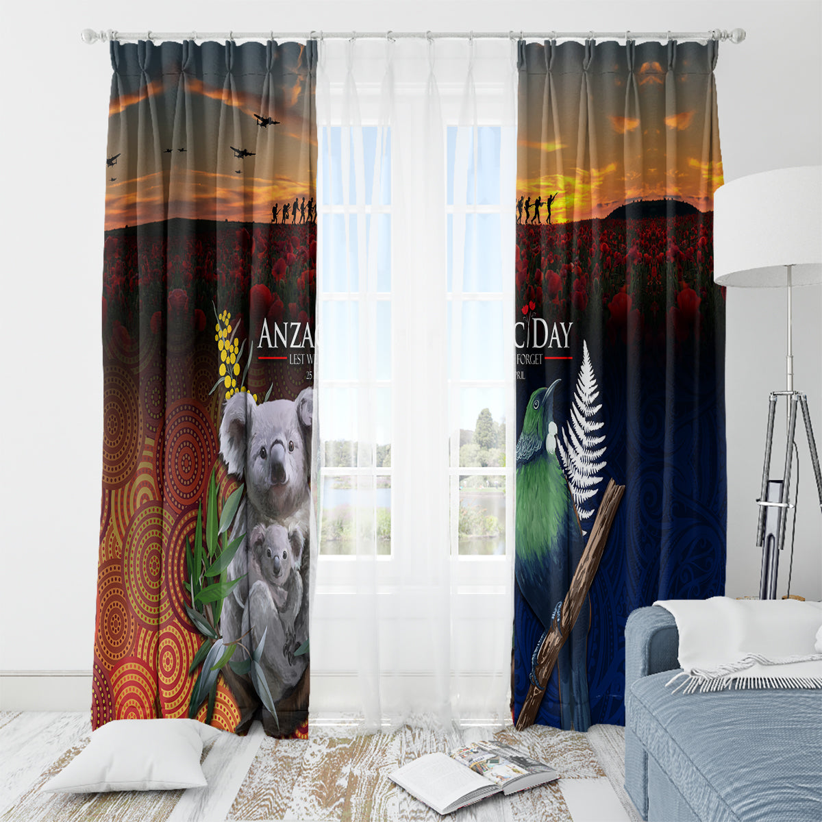 Australia and New Zealand ANZAC Day Window Curtain Tui Bird and Koala mix Maori and Aboriginal Pattern LT03 - Polynesian Pride