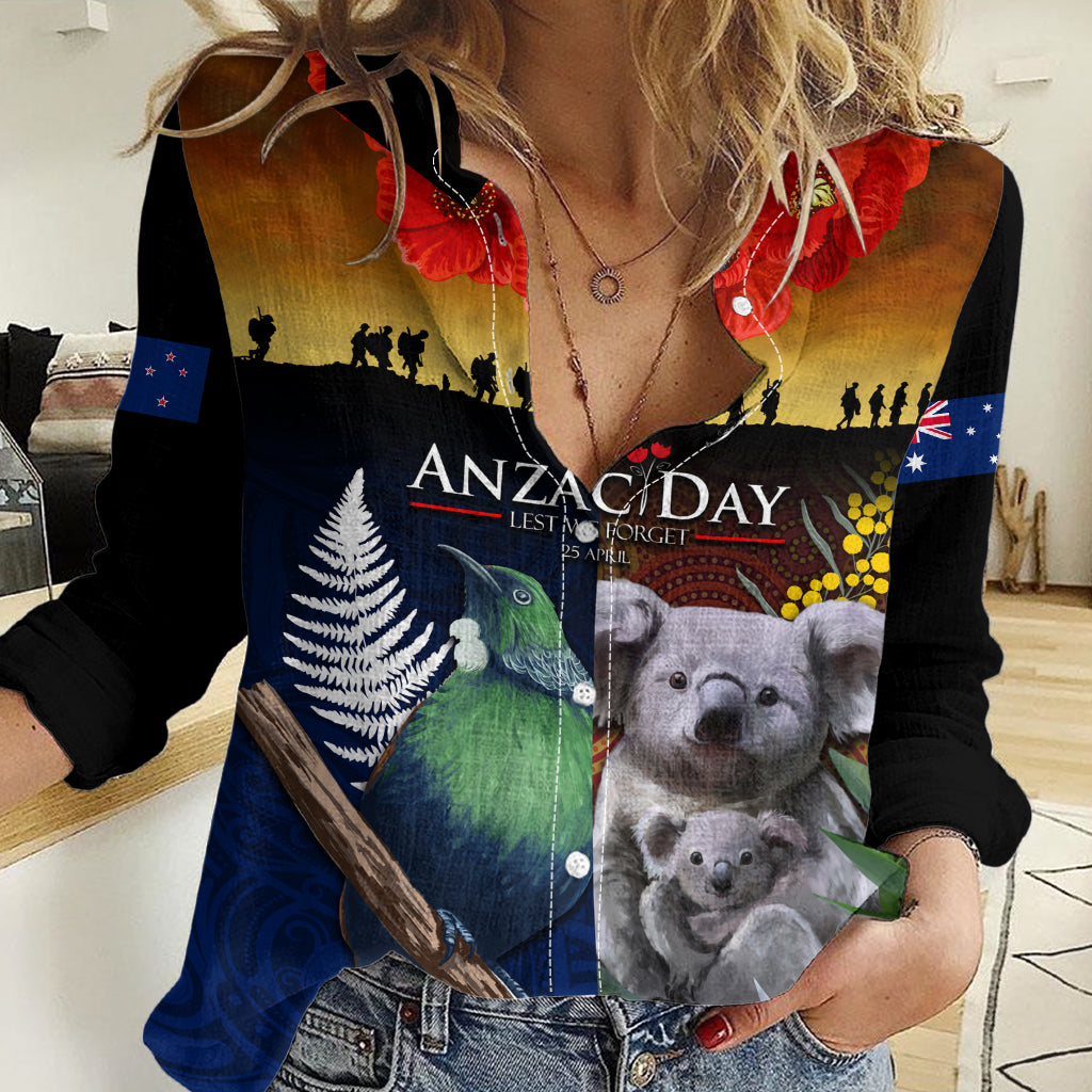 Australia and New Zealand ANZAC Day Women Casual Shirt Tui Bird and Koala mix Maori and Aboriginal Pattern