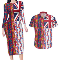 Hawaiian Lei Couples Matching Long Sleeve Bodycon Dress and Hawaiian Shirt National Flag Striped Style LT03 Red - Polynesian Pride